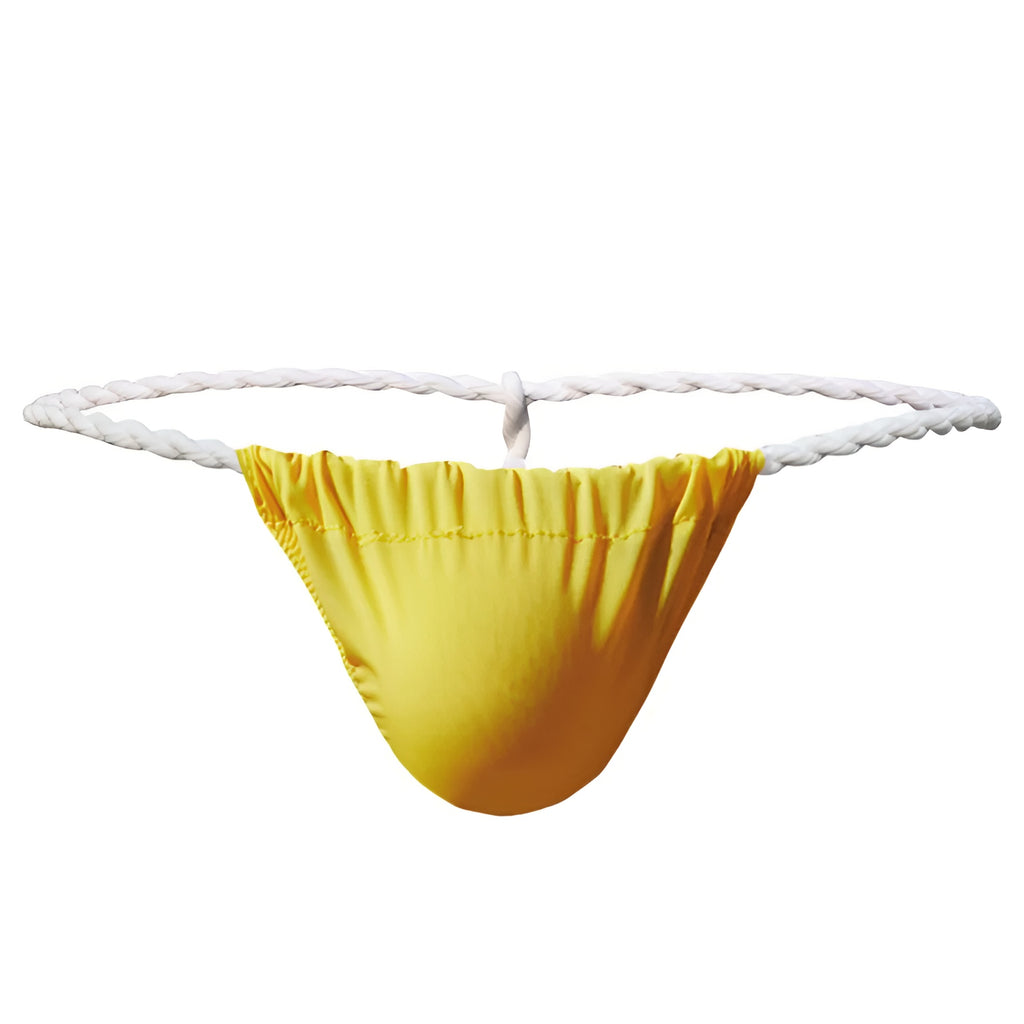 Rope g-string product shot showing the contrast twisted white rope waistband and contoured solid front pouch. | color:yellow