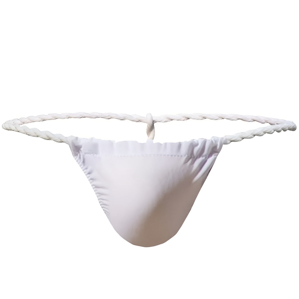 Rope underwear product shot showing the contrast twisted white rope waistband and contoured solid front pouch. | color:white