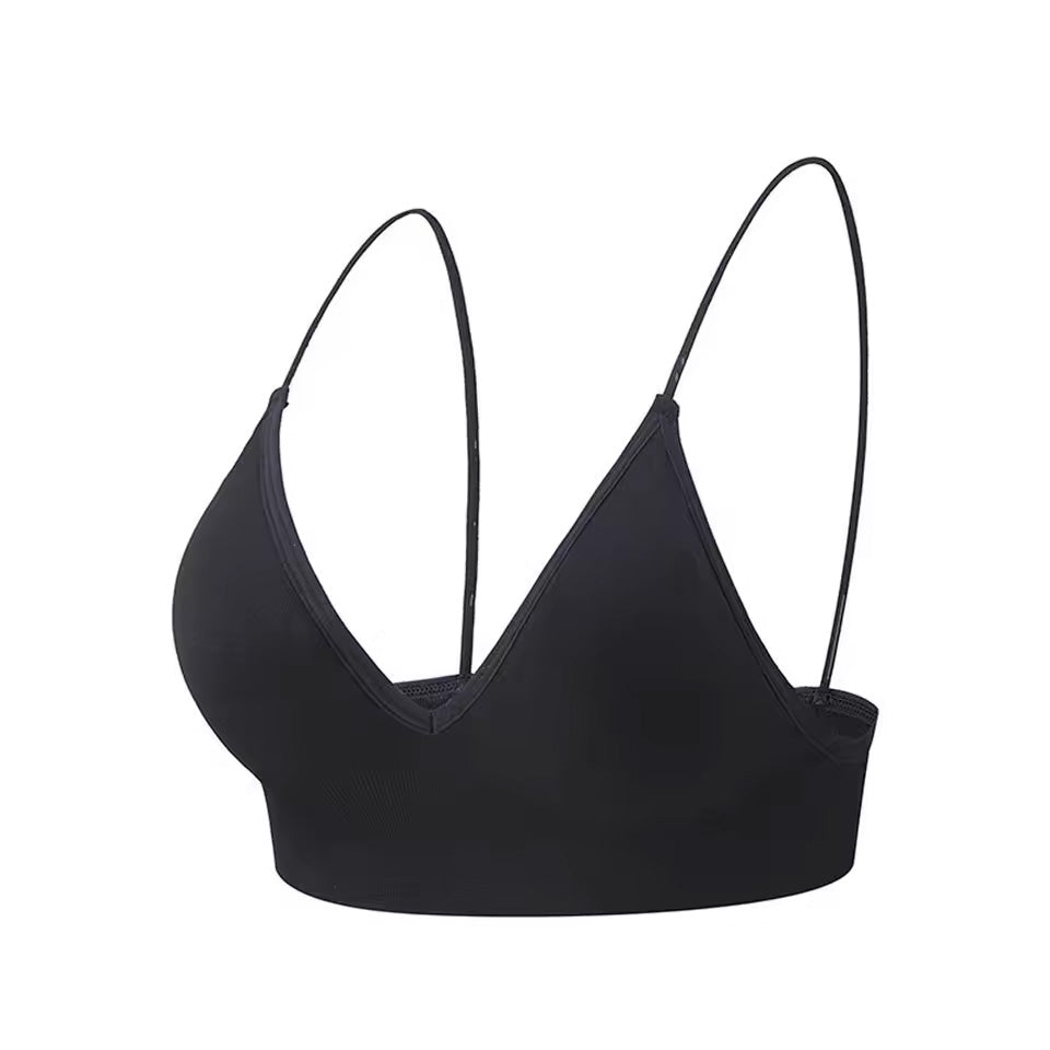 seamless bralette in black with thin straps on a white background |color:black