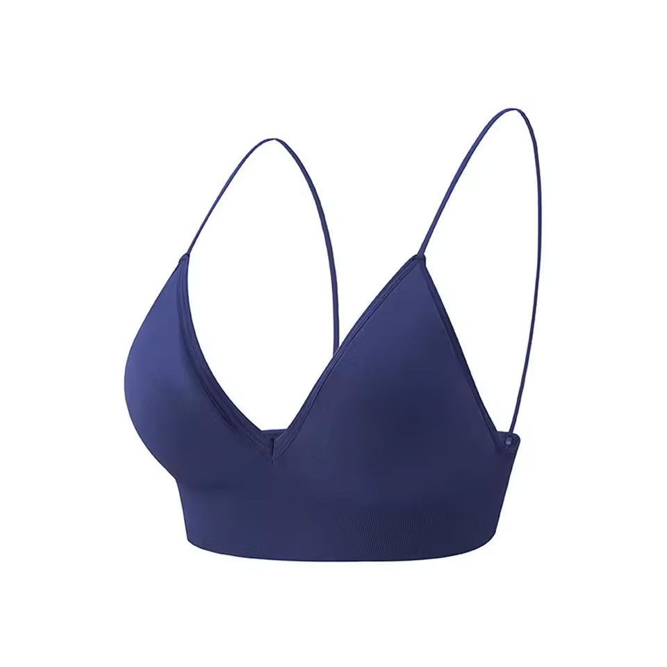 Seamless bralette in blue, ghost mannequin image showcasing the deep-V neckline and smooth, wireless construction | color:blue