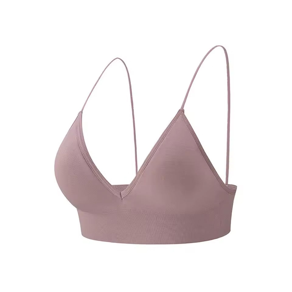 seamless bralette in mauve with thin straps on a white background |color:mauve