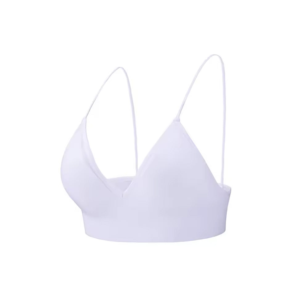 seamless bralette in white with thin straps on a white background |color:white