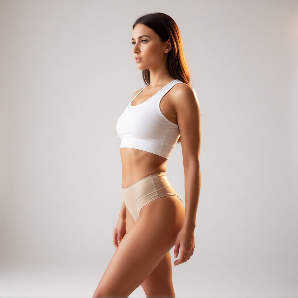 Seamless ice silk panties in nude color shown from a front wide angle profile, featuring a mid-rise fit and no show construction. | color:nude