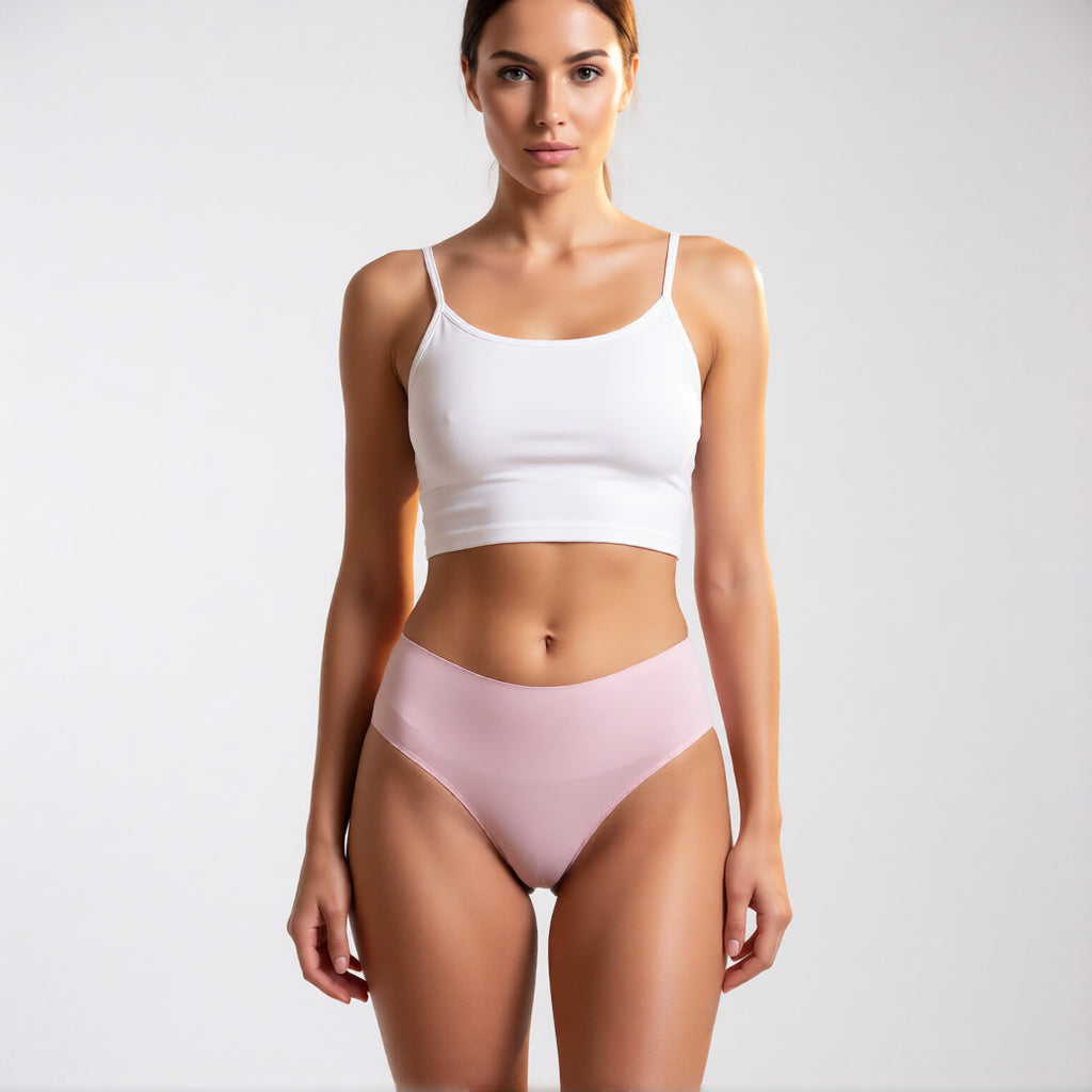 Seamless ice silk panties in pink shown from a front profile, featuring a mid-rise fit and no show construction. | color:pink