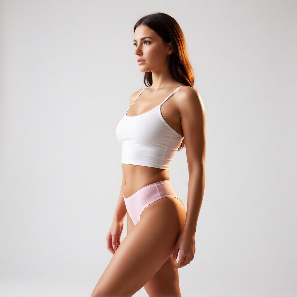 Seamless ice silk panties in pink shown from a front wide angle profile, featuring a mid-rise fit and no show construction. | color:pink