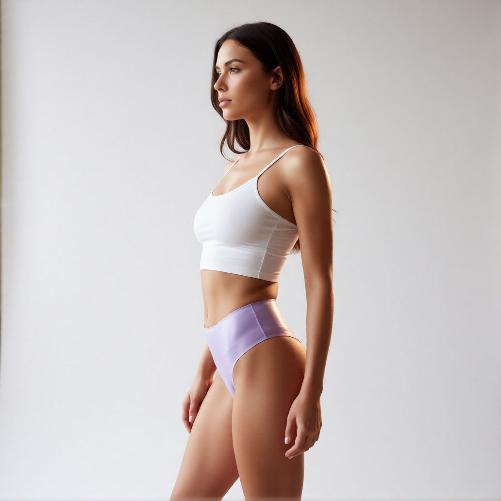 Seamless ice silk panties in purple shown from a front wide angle profile, featuring a mid-rise fit and no show construction. | color:purple