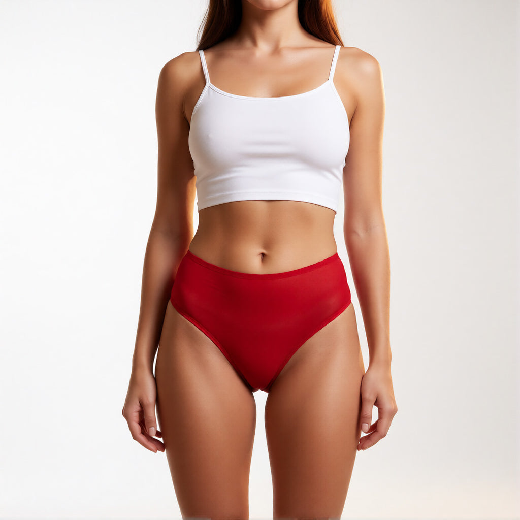 Seamless ice silk panties in red shown from a front profile, featuring a mid-rise fit and no show construction. | color:red