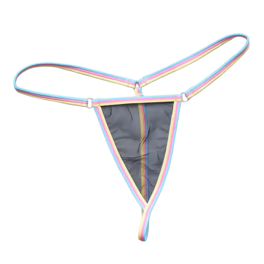 Sheer g-string in black mesh laying flat showing multi-color prism side strings and metal ring connectors | color:black