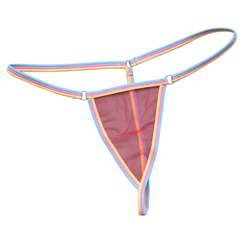 Sheer g-string in red mesh laying flat showing multi-color prism side strings and metal ring connectors | color:red