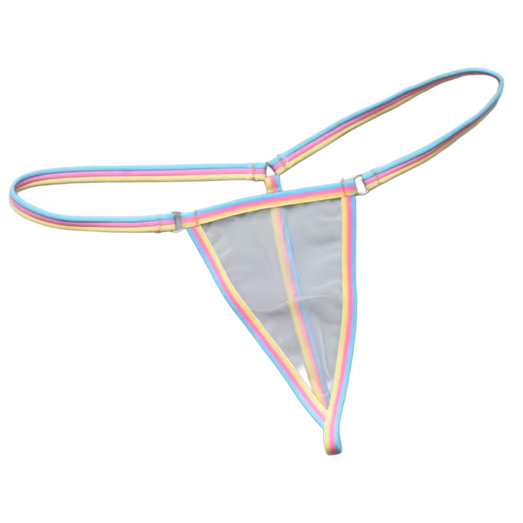 Sheer g-string in white mesh laying flat showing multi-color prism side strings and metal ring connectors | color:white