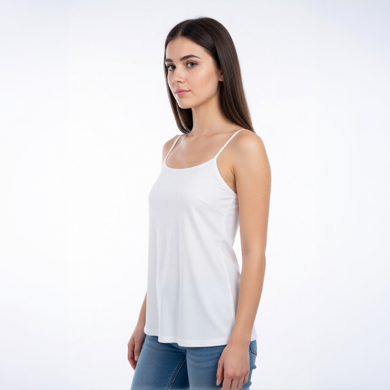 women's camisole top in white color with a straight neckline and thin straps | color:white
