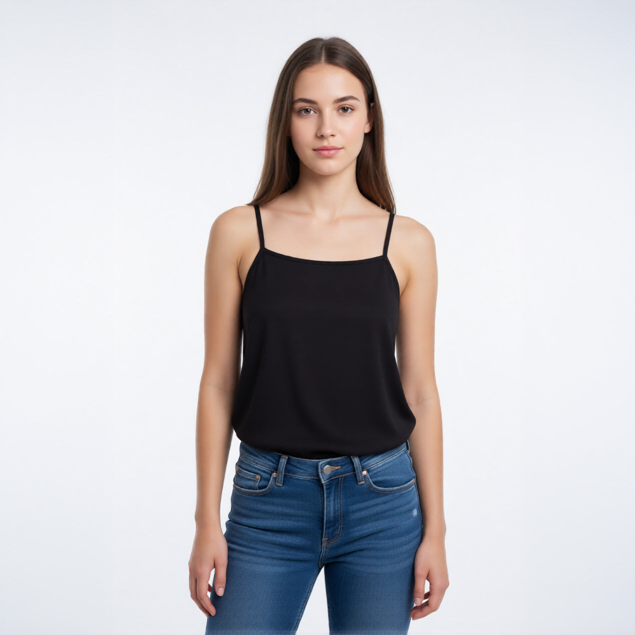 women's camisole top in black with a straight neckline and thin straps shown from front | color:black