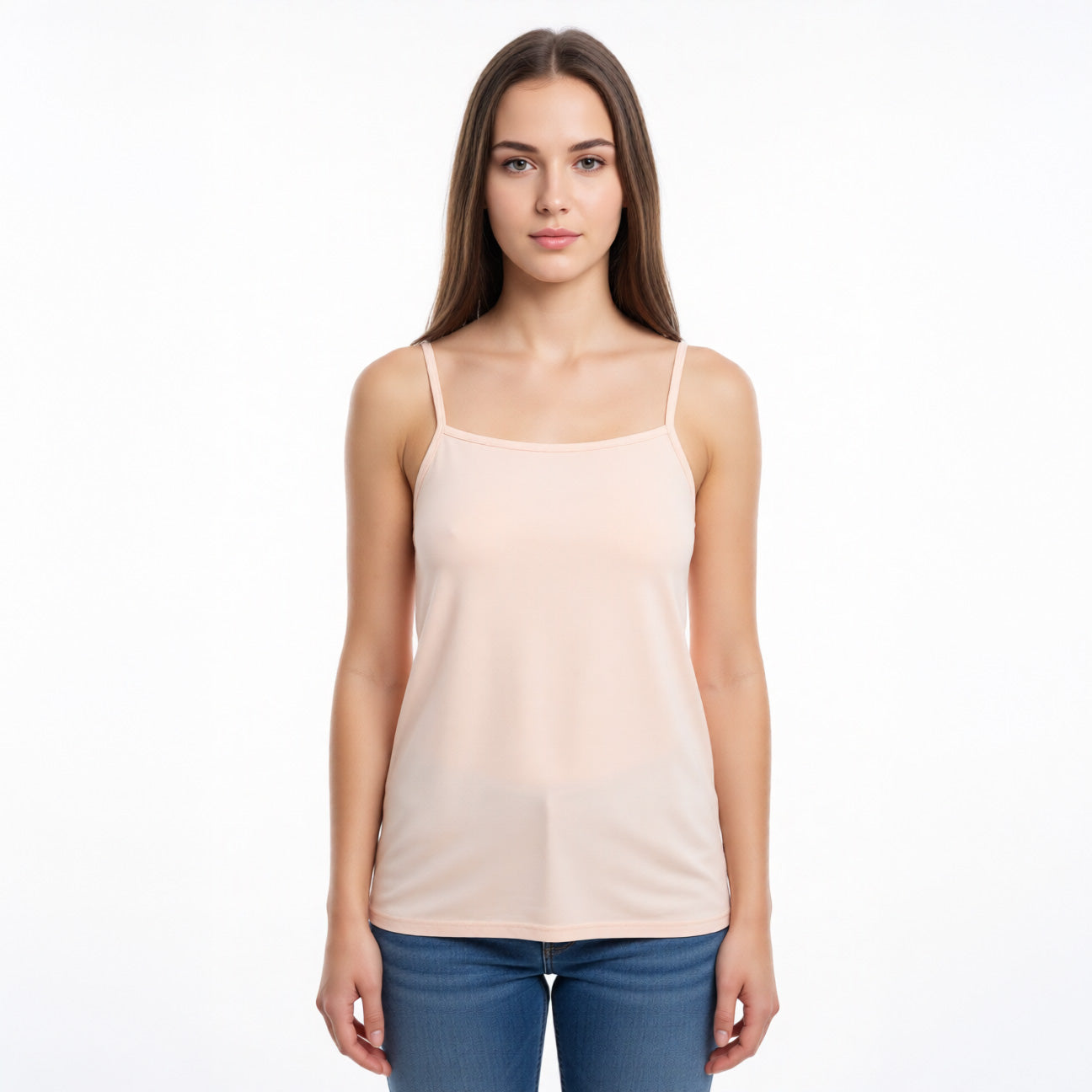 women's camisole top in nude color with a straight neckline and thin straps shown from front | color:nude