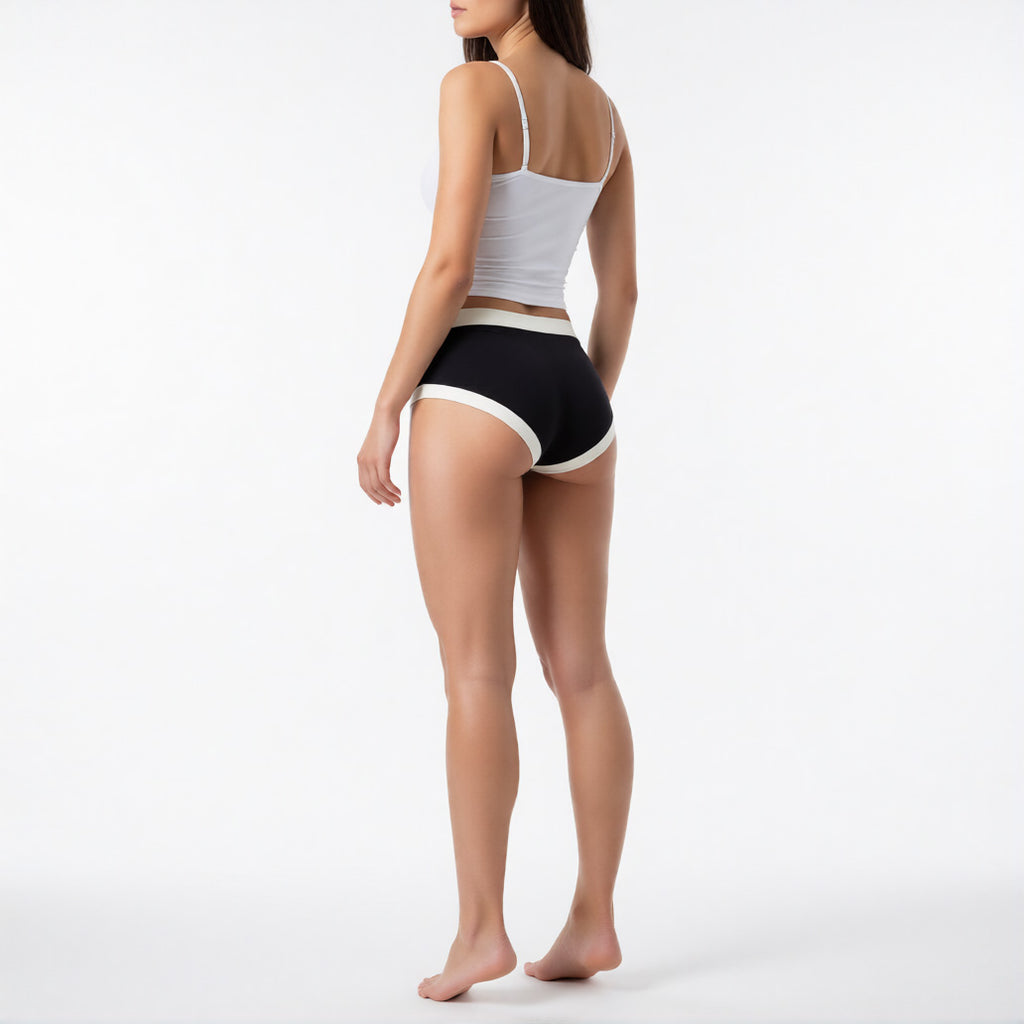 womens modal briefs in black rear view showing contrast trim and full coverage seat | color:black