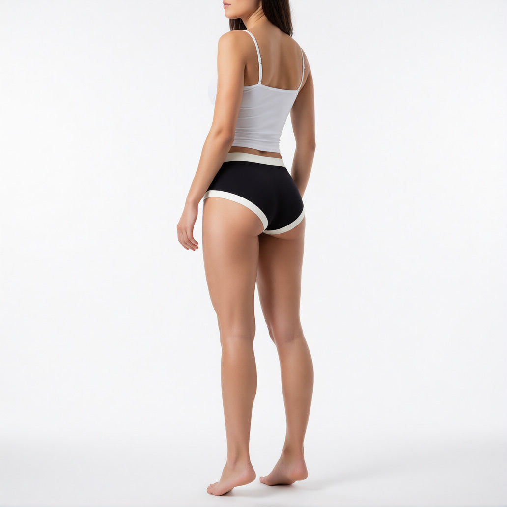 womens modal briefs in black rear view showing contrast trim and full coverage seat | color:black