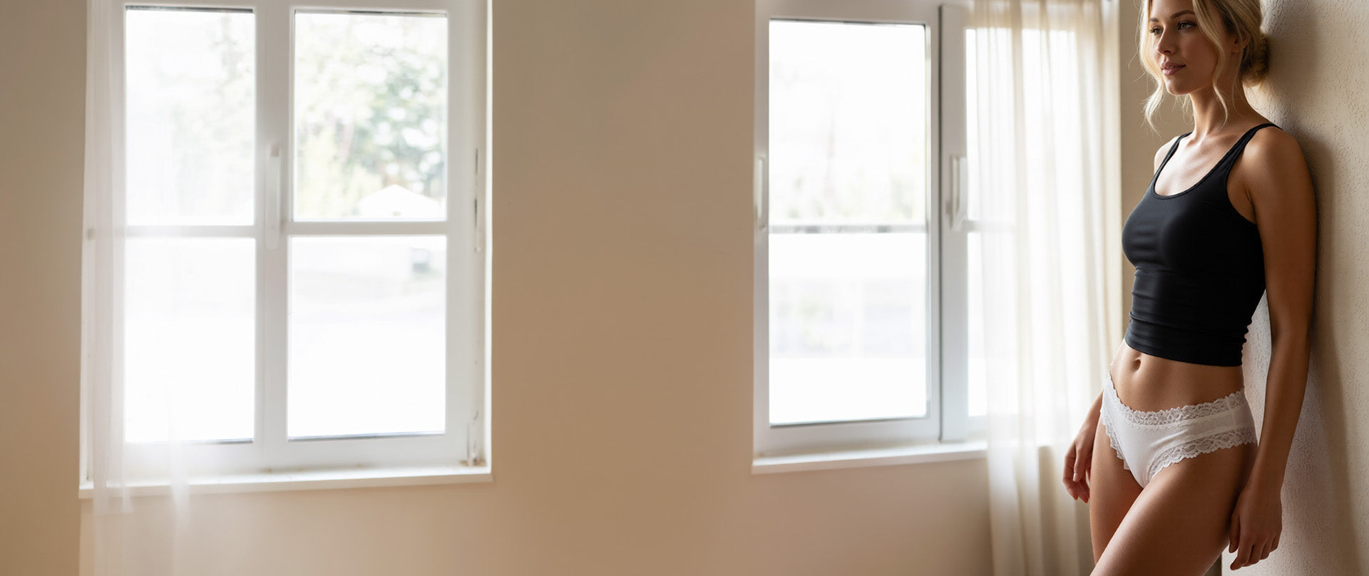 Woman in black sports tank top and white lace underwear standing by a window in a bright room.