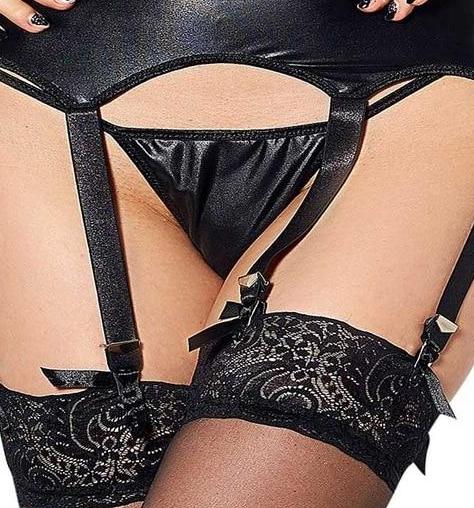 Women's Vegan Faux Leather Garter Belt & G-String Panties - Black