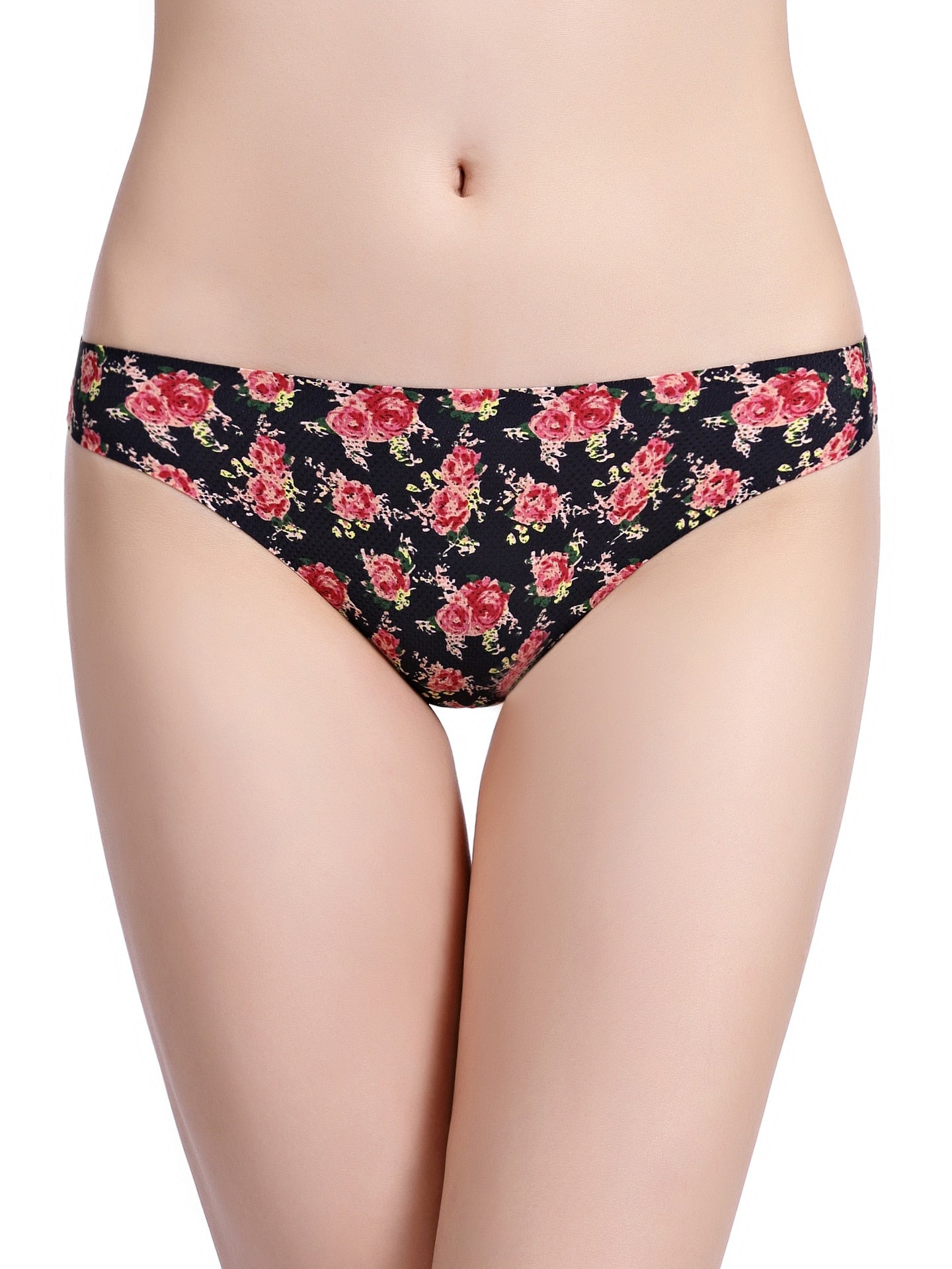 Women's Floral Print Thong Underwear - Black Rose