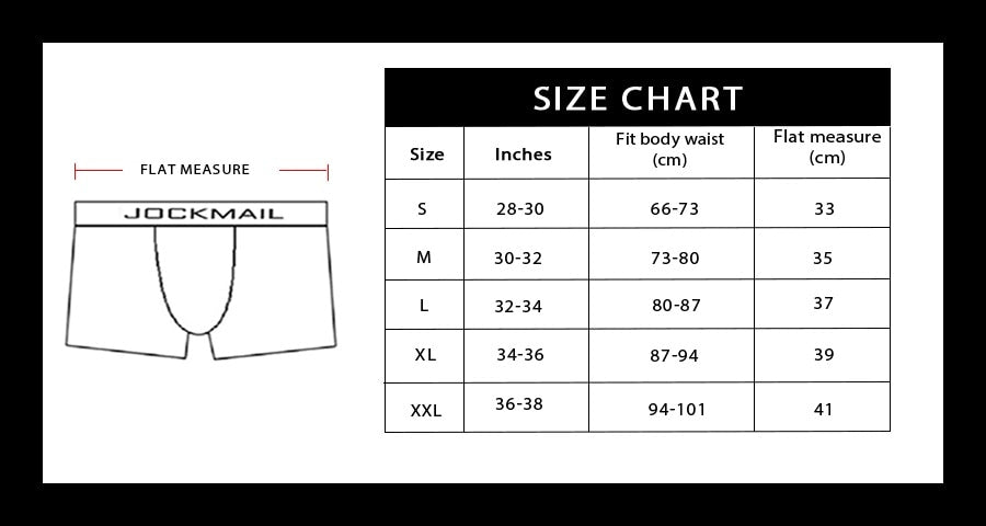 Men's Jockmail Camouflage Jockstrap Underwear - Size Chart